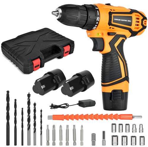 Trapano Avvitatore Batteria, Trapano Elettrico 12V, Impostazione Della Coppia 25+1, 2 Velocità, con Batteria 2 * 1,5 Ah, Set di Accessori Fai-da-te, Adatto per Legno, Metallo, Cemento (Arancione)