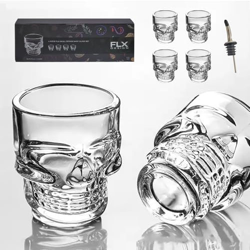 FLX Skull Shot Glasses. Set of 4 + Bottle Pourer. Gift Set. Crystal Clear Glass. Freezer Safe. 50ml
