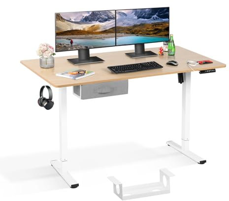 BELIWIN Height Adjustable Standing Desk with Drawer Storage, Electric Sit Stand Desk with USB Charging 140x70 cm Computer Desk for Home Gaming Desk Office Stand up Desk,Home/Office Furniture (Beige)