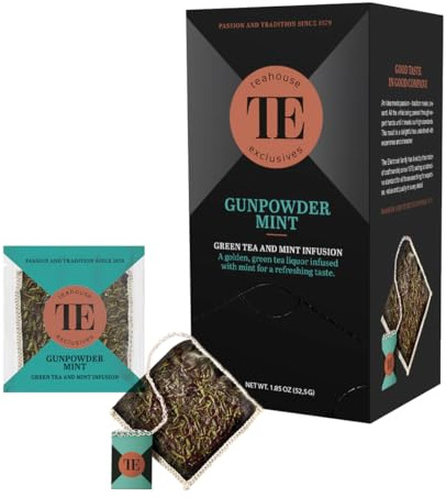 Teahouse Exclusives Luxury Tea Bag Gunpowder Minze, 15 Beutel - Hochwertiger Grüntee mit goldener Tassenfarbe und frischer Minze | Erlesener Blatt, einzeln aromageschützt verpackt, Vlies-Teebeutel, ein Genuss, Top-Qualität