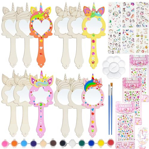 Shinybox Einhörner Basteln, 12 Stücke Einhorn Spiegel mit 6 Einhorn Tattoo Aufkleber, DIY Holzspiegel Handwerk für Kinder, Holzspiegel zum Bemalen für DIY Kinder Malen Mitgebsel Geschenk Party(B)