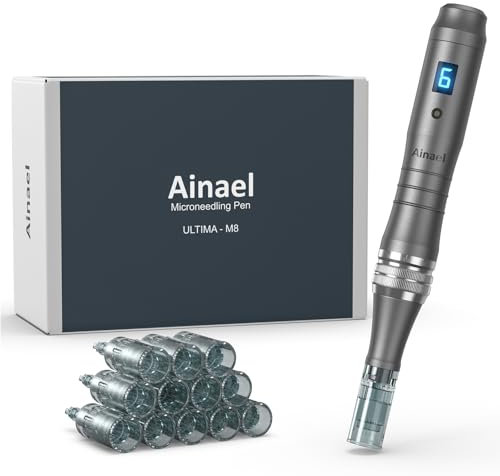 Ainael Ultima M8 Microneedling Pen, Professional Wireless Microneedle Machine Electric Adjustable Microneedling Pen Kit for Face Body Hair Beard Growth Gift for Women -12 Replacement Cartridges