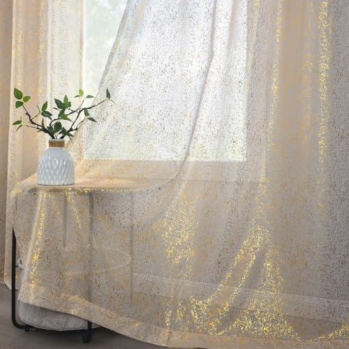 TERLYEX schimmernde goldfarbene transparente Vorhänge, 2 Paneele, Metallic-Folie, Taupe, Vorhänge für Wohnzimmer, mit Ösen, Sichtschutz, Lichtfilterung, glitzernde Vorhänge, 132 x 244 cm