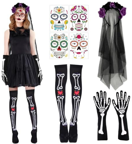 Augesak Serre Tete Halloween, Serre Tête Dia De Los Muertos, Chaussette Haute Squelettes, Tatouages Visage Temporaires, Gant Squelette Femme, pour Fête Halloween Costume Cosplay