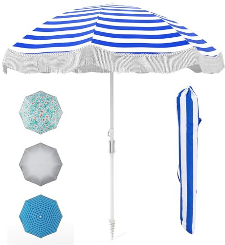 COSTWAY 6.5FT Beach Parasols with Fringe, UPF50+ Sun Protection Sunshade Shelter with Carrying Bag and Push Button Tilt, Outdoor Waterproof Tassel Umbrella for Garden Lawn Poolside (Navy Blue)