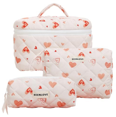 Starnearby Lot de 3 Trousse de Toilette Matelassée en Coton Doux, Trousse de Maquillage Fleurie, Pochette de Rangement Maquillage, Trousse de Beauté Femme, Trousse Cosmétique Voyage
