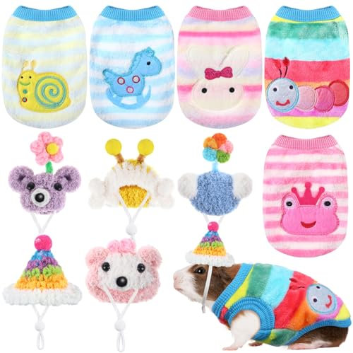 Clysee 10-teiliges Meerschweinchen-Kleidungs-Set, 5 Meerschweinchen-Kostüm-Outfit, 5 niedliche Mini-Hüte mit verstellbarem Riemen, warme Weste, Pullover, gemütliche, handgestrickte Mütze für Hamster,