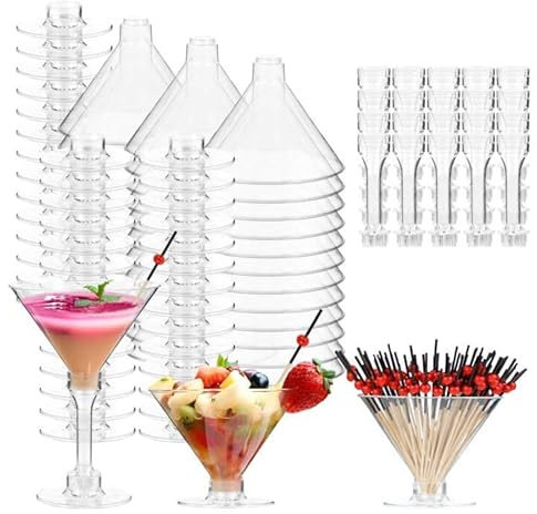 KUAOOAUK Lot de 50 verres à martini en plastique de 150 ml, 2 verres à margarita avec 100 pics à fruits, verres réutilisables pour champagne, apéritif, fête, mariage