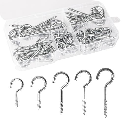 WEFINEST 75 Pcs Screw in Hooks Outdoor, Multi-Size Ceiling Hooks Carbon Steel Wall Hook Screw in, Metal Screw Hook for Hanging Plants, Cups, Kitchen Cabinet Shelf, Outside Lights (Silver)