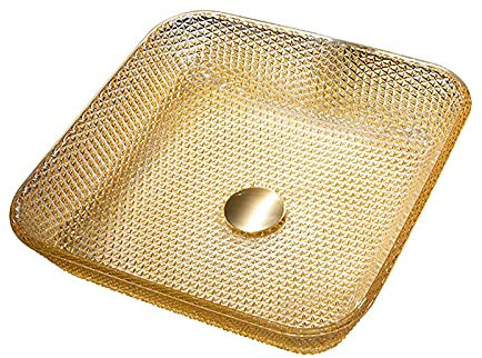 CLRAWSHB Bathroom Vessel Sink with Drain Combo, Countertop Bathroom Sink Bowl Glass Square Vanity Sink Bowl On the Top Modern Art Vessel Bowl Sink, Does Not Include Faucet, Yellow