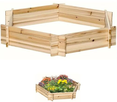 Sechseck Modulares Hochbeet aus Holz für Outdoor-Pflanzen, Gemüse, Blumen und Kräuter, Naturholz, schraubenlose Pflanzgefäße