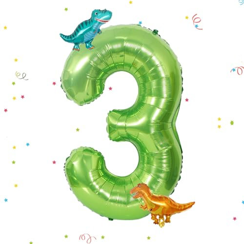 Dino Zahlen Luftballon 3. Geburtstag,40 Zoll Grün Zahlenballon 3 mit Dino Folienballon, Geburtstagsdeko 3 Jahre Junge Mädchen, Dino Zahlen Helium Ballon 3, Ballons 3 für Geburtstag Jubiläum Party Deko