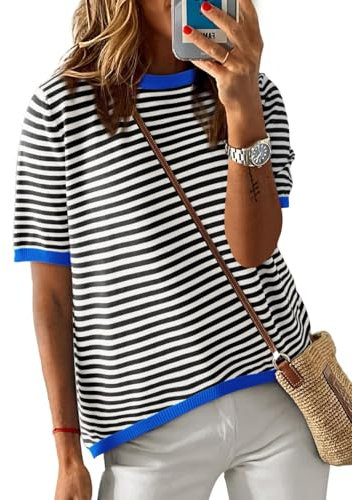 Cuptacc T-Shirt Damen Gestreiftes Shirt Damen Oberteile Sommer Top Baumwolle Locker Rundhals Pullover Elegant Schwarz Mittel M 38-40