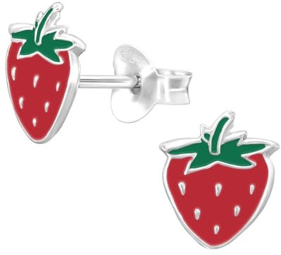 Monkimau Erdbeere Kinder Ohrringe | 925 Silber | Mädchen Ohrstecker Schmuck | Hypoallergen & Nickelfrei | Kinderohrringe Geschenkidee