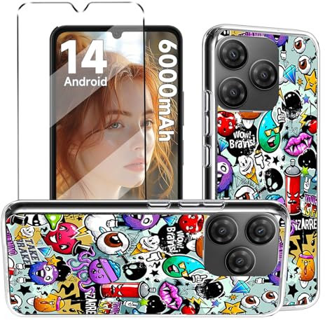 2-in-1 Case Compatible with Blackview WAVE 8C/ Blackview WAVE 8 / OSCAL FLAT 2 / OSCAL FLAT 2C Cover with 1 Pack Tempered Glass Screen Protector for Blackview Wave 8C, Slim Fit Soft Phone Case - XS40