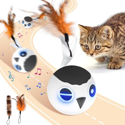 GoldenSun Interactive Cat Toys for Indoor Cats Adult, Automatic Cat Toy With Feather Tail, Cats Ball Toy for Indoor Kitten, 4 Mode Motion Touch Activation,Multiple Chirps Stimulate,USB Charging,Wihte
