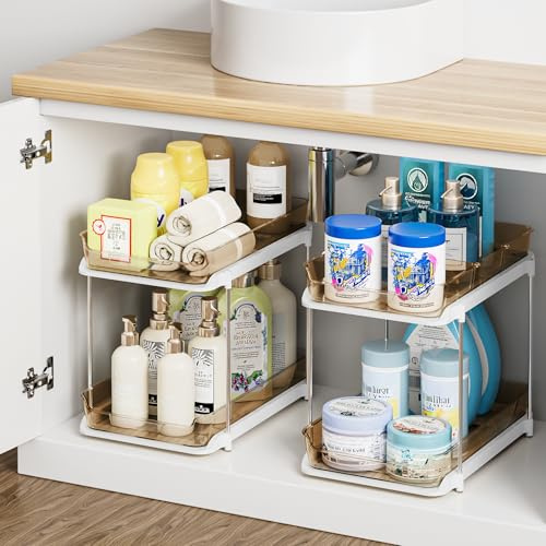 Delamu 2 Pack 2-Tier Under Sink Storage Bathroom, Multi-Purpose Cupboard Organiser, Stackable Kitchen Storage and Organisation, Pull Out Medicine Cabinet Organiser with 8 Movable Dividers, Amber