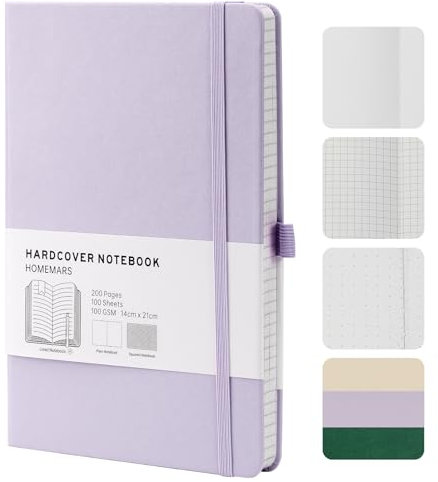 HOMEMARS Taccuino, Quadretti, Taccuino a5,Notebook, Quaderno A5, Quaderno a5 Quadretti, Viola chiaro, 200 Pagine, 100 g/m², Diario Personale,taccuino classico