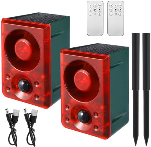 Qualirey 2 Pcs Solar Outdoor Motion Sensor Alarm with Stake Gunshot Sound | Dog Barking 3 Modes Support Recording & Adjustable Volume USB Charging 129 dB Loud Noise Maker for Animal Deterrent, Red