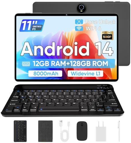 TUOHAITIME 2025 Upgraded Android 15 Tablet,11 inch Android Tablets,12GB+128GB+1TB Expand,18W Fast Charging, Octa-Core, WiFi, Dual Camera,8000mAh Battery, 2 in1 Tablet with Keyboard