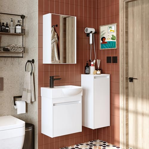 ROOMART Badmöbelset • Leo • Unterschrank mit Waschbecken • Badezimmer Möbel • Gäste WC (Weiß, Komplettes Set(Wasserhahn Links))