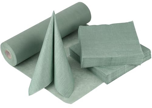 100%Mosel Tischdeko-Set Eukalyptus Grün – 20-40 Gäste – Tischband & Servietten für Taufe, Kommunion, Konfirmation, Hochzeit & Geburtstag – Praktisches Dekoset für besondere Anlässe