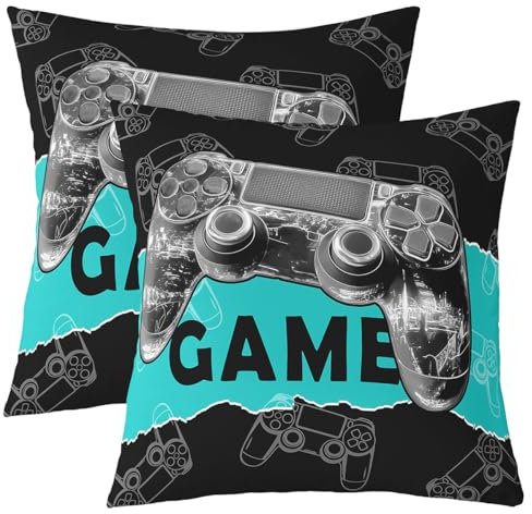 Jungen Gaming Doppelseiten Druck Kissen Abdeckungen 55x55cm, Cool Video-Spiel-Konsole Druck weiche quadratische Kissen Gehäuse, Grau 3D Gamepad Gamer schwarz blau für Dekorationen Set von 2