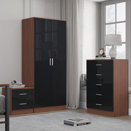 Reflect 2 Door Plain Wardrobe, 5 Drawer Tallboy Chest, 2 Drawer Bedside Table | Black Gloss & Walnut Finish | Modern Bedroom Furniture Set