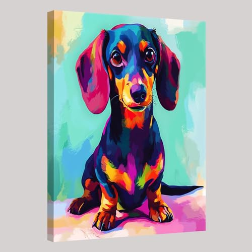 Leinwandbild Bemalter süßer Dackel 30 x 20 cm Modernes Wandbild Kunstdruck mit Rahmen Aufhängefertig für Wohnzimmer Schlafzimmer Büro Flur Küche Badezimmer