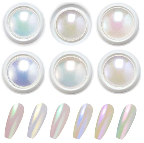 Polvo Uñas Efecto Perlado 6Pcs Polvos De Hadas Cromo Efecto Efecto Espejo Uñas Blanco Aurora, Glaseado Donut Glitter Powder Nails Mirror Effect Glitter Nail Art Powder