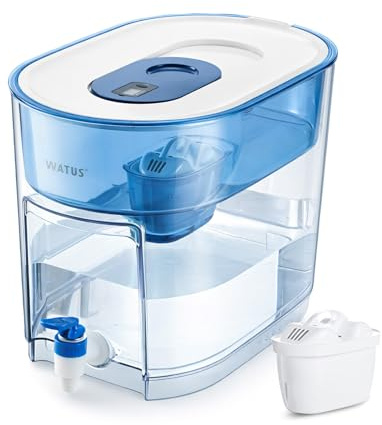 Watus Wasserfilter Spender 9L, XXL Wasserspender mit Filter für Kühlschrank & Arbeitsplatte, Wasserfilterkanne mit Zapfhahn, inkl. 1 Filterkartusche, Filtert Verunreinigungen, Filterwechselanzeige