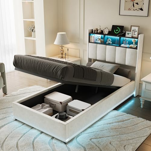 KOOPMAD Einzelbett 90x200 mit Stauraum, Polsterbett mit LED und USB, Jugendbett 90x200, Boxspringbett, Kinderbett, Bettgestell mit Lattenrost, Gästebett Daybett Tagesbett, Ohne Matratze (Weiß-A)