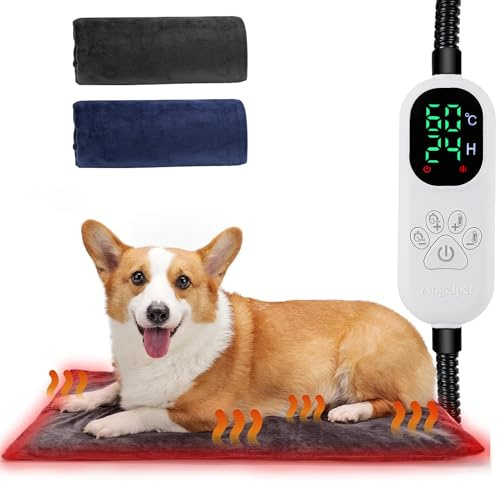 Angelpet Pet Heating Pad for Dogs & Cats L 45x70cm – 30℃~60℃ Adjustable Temperature & 14 Timer (0–12H/24H), Electric Heated Pet Mat with Auto Screen-Off, Chew-Resistant 1.8m Cord, 2 Washable Covers