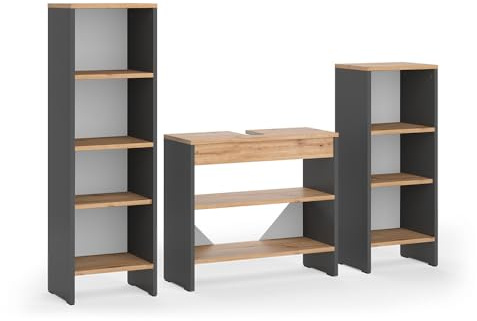 Vicco Badmöbel-Set Karli, Anthrazit/Goldkraft Eiche | 3-teilig · Waschtischunterschrank · Hochregal · Badregal