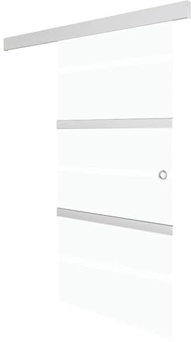 Mhdvray Porta scorrevole 76 x 212 cm, in vetro temperato e alluminio, moderna porta scorrevole con sistema a binari, porta in vetro salvaspazio per interni, vetro smerigliato con strisce, argento