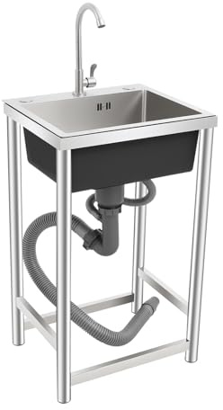EGBNSY Fregadero Portatil, 45x41x75cm Fregadero Exterior Jardin, Lavadero Pila Exterior, Acero Inoxidable, con Grifo 360°, Pila Lavadero para Cocina y Jardín (Plata/Negro)