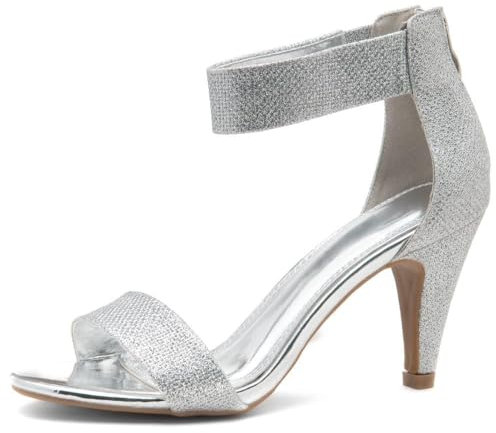 Herstyle RROSE Damen-Sandalen mit Absatz, offener Zehenbereich, verstellbarer Knöchelriemen, Reißverschluss hinten, Kleid, Hochzeit, Büro, Pumps, silber, 39 EU