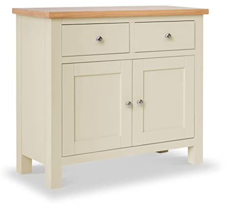 RoselandFurniture Farro Cream Small Sideboard Cabinet for Living Room | Fully Assembled, 2 Door Cupboard with 2 Drawers and Oak Top, Classic British Style, H80cm W90cm D36cm