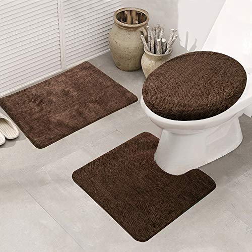 ele ELEOPTION Badematte Set 3 teilig, Waschbar Badezimmerteppich, rutschfeste Badematte Toilettenmatte,Weich Saugfähige Badteppiche und WC Vorleger Duschvorleger (Kaffeebraun)