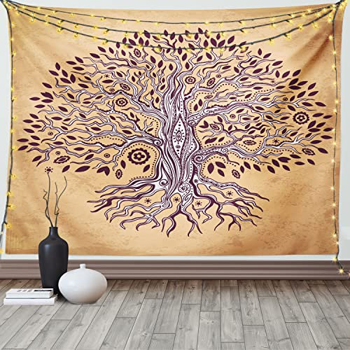 ABAKUHAUS Lebensbaum Wandteppich und Tagesdecke, Vintage Swirls, aus Weiches Mikrofaser Stoff Wand Dekoration Für Schlafzimmer, 150 x 110 cm, Creme Braun