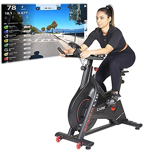 Care Fitness - Spider LTD Heimtrainer - Indoor Bike mit Bluetooth-Verbindung - Magnetbremse - Riemenantrieb - 15 kg Schwungmasse - Programme über Kinomap App