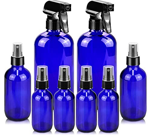 Botellas de cristal con pulverizador, 4 oz2+2 oz4 envases rellenables, Botellas redondas vacías Boston con boquilla ajustable para limpieza, jardinería, aromaterapia, mascotas, plantas, pelo - azul