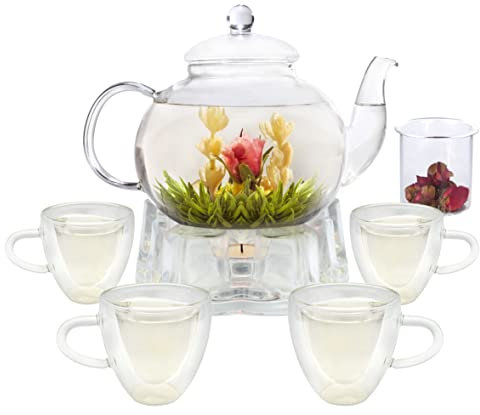 Juego de tetera de cristal, 40 oz/1200 ml de tetera de vidrio con 4 tazas de té de doble pared e infusor extraíble y calentador de té, apto para estufas y microondas florecientes y hojas sueltas