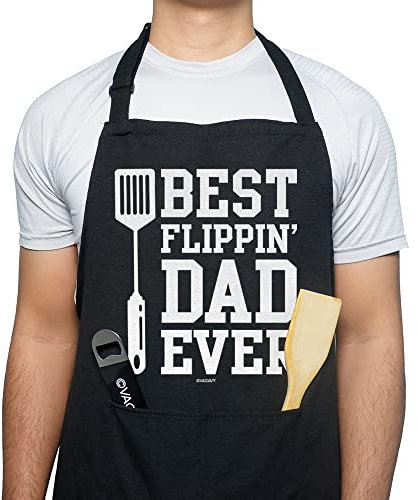 VAGAVY Delantales divertidos 100 % de algodón, color negro, para hombres, padres, maridos, cumpleaños, día del padre, regalos para papá, marido., Best Flippin' Dad Ever, X-Large