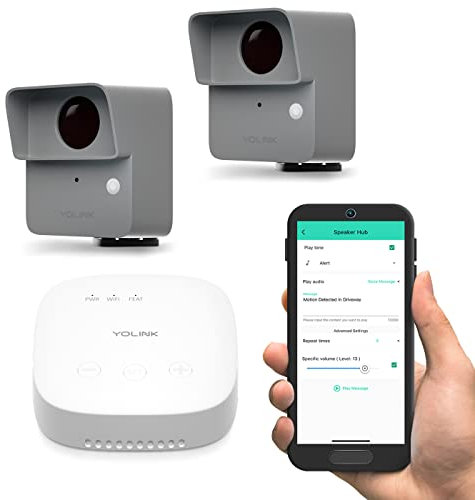 YoLink SpeakerHub & Two Outdoor Motion Sensors Smart Home and Security Kit, Driveway Alert – Audio Hub Plays Tones/Sounds, Spoken Messages, ¼ Mile Range, WiFi Required