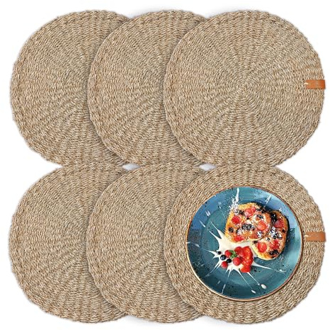 FRIHET Tischset rund - Seegras geflochten (6er Set) Platzset Ø 33 cm, Natur Tischdeko, Tischsets Platzsets abwischbar, Platzdeckchen Esstisch, Hygge Skandi Boho