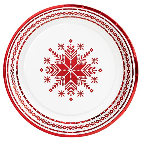 Horeca Collection 8 Unidades - Platos Desechables Postre Cartón de Ø 18 cm con temática Navideña con Bordado Rojo. Platos cartón biodegradables Navidad, 100% reciclables Celebraciones y Eventos.