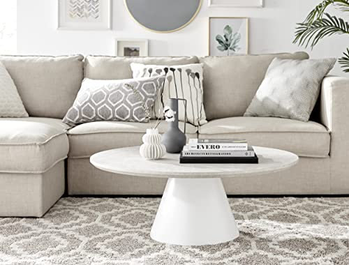Furniturebox UK Palma Round Coffee Table - Modern Minimalist With Tapered Central Pedestal Leg - Beige Stone-Effect Finish - Living Room Furniture