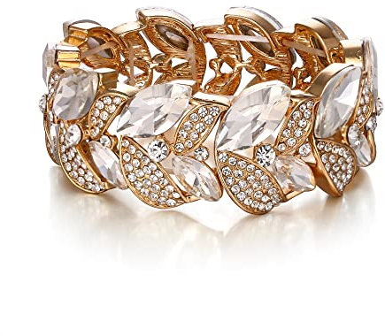 EVER FAITH Österreichisches Kristall Blatt Stretch Armband, Art Deco Marquise Strass Party Prom Elastischer Armkette für Damen Klar Gold-Ton