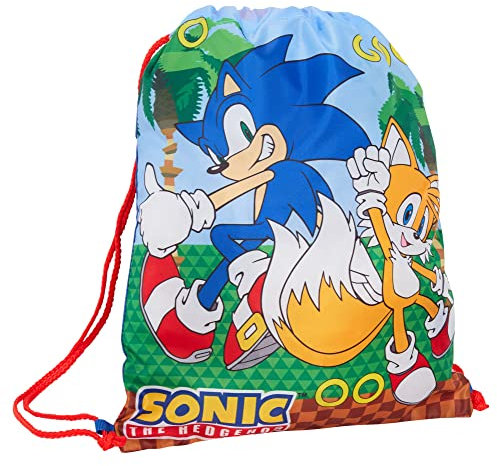 Sonic The Hedgehog Kordelzug-Tasche, Gamer-Set, PE-Turnbeutel, Jungen, Trainer, Schwimmtasche, Kinder, Schulrucksack, blau / gelb, Einheitsgröße, Beutel mit Kordelzug